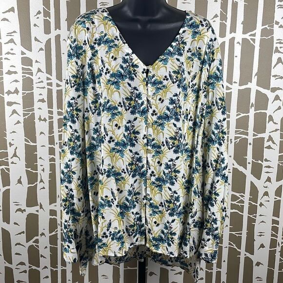 J. Jill Botanical Floral Bird Print High Low Hem Blouse XL - Picture 1 of 8